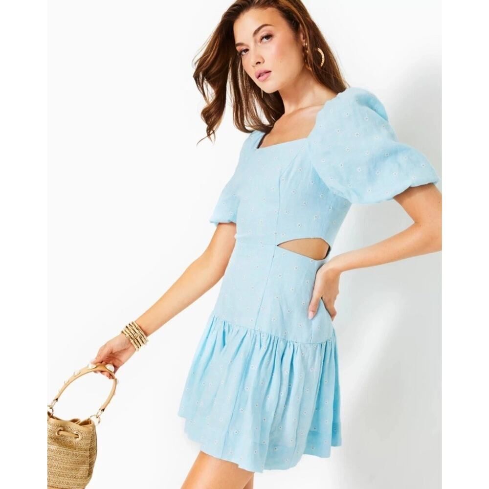 NWT Lilly Pulitzer Kylanne Linen Embroidered Puff Sleeve Cutout Mini Dress 6